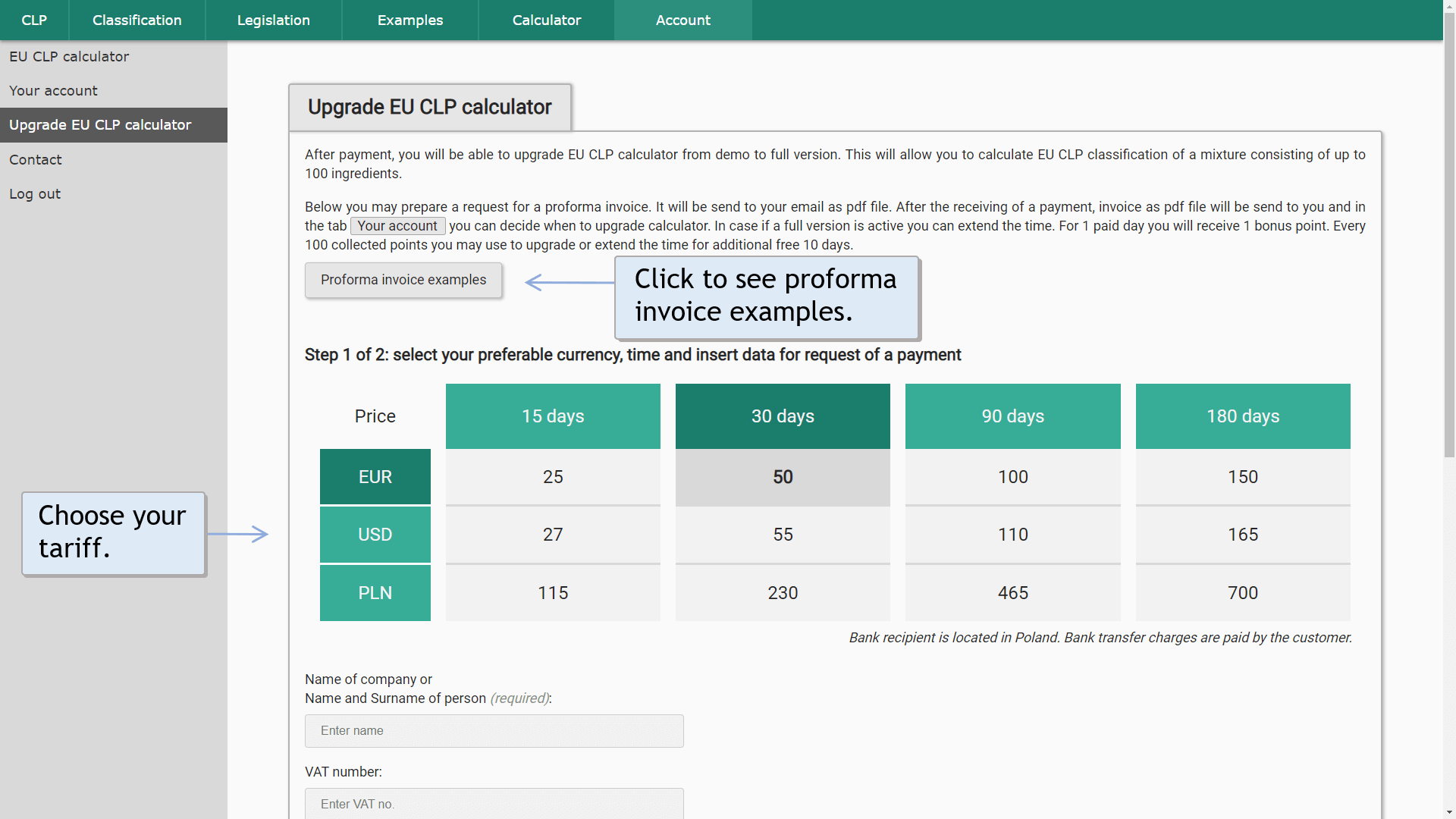 Upgrade EU CLP calculator