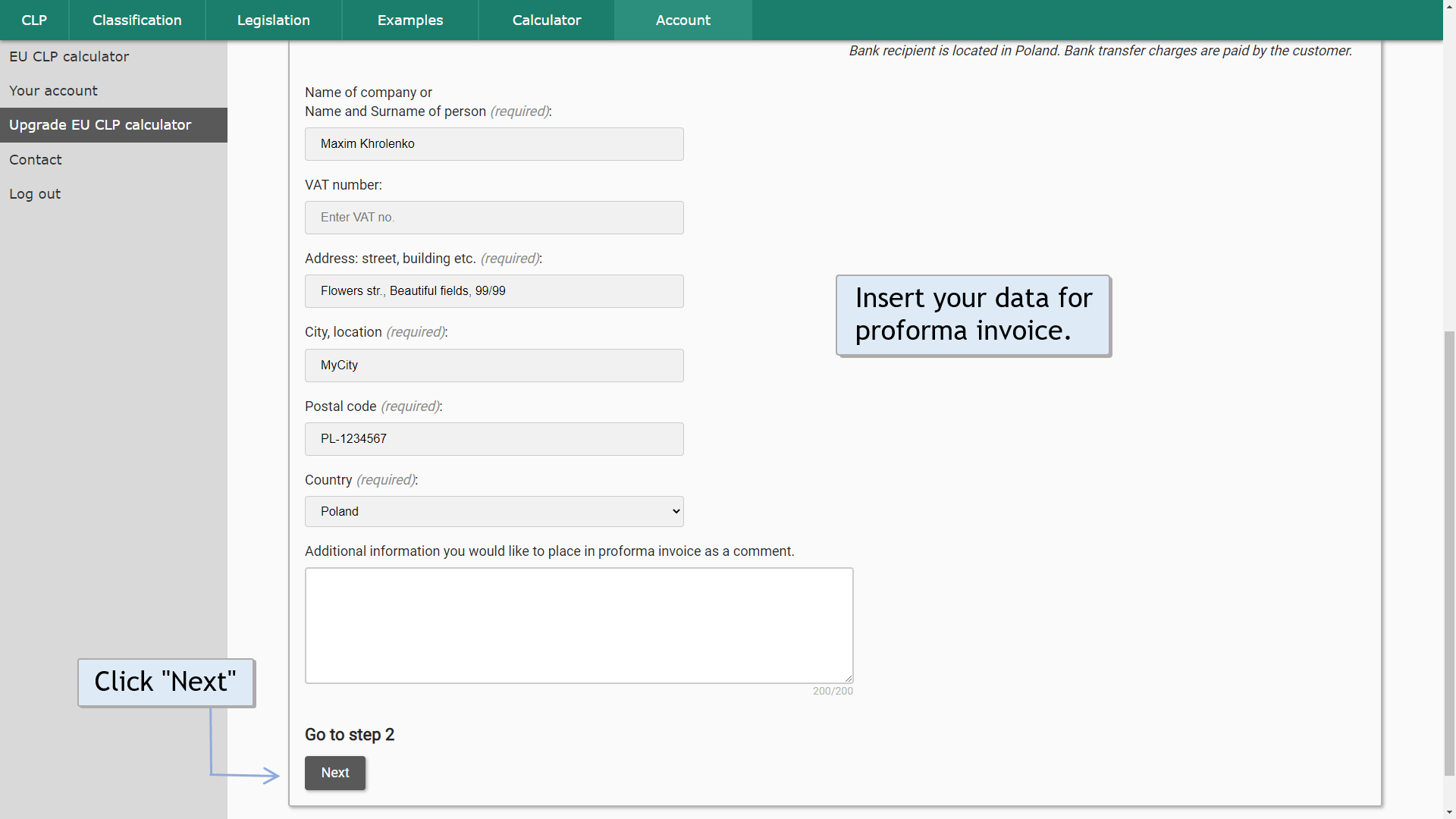 Upgrade EU CLP calculator